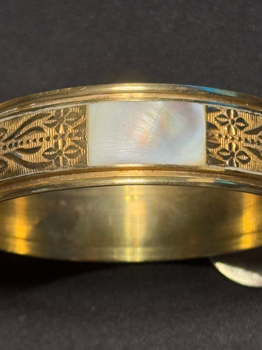 Vintage Etched Brass Bangle w/ Elephants and Mother of Pearl